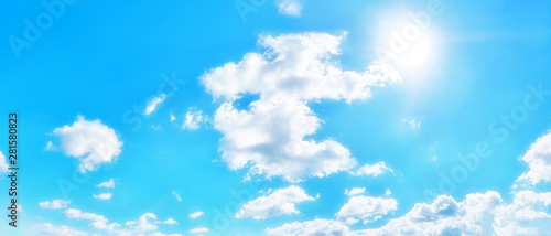 Fototapeta Naklejka Na Ścianę i Meble -  blue sky panorama with beautiful clouds background summer nature landscape panoramic wide view of cloudscape across clear heaven with shining sun and day sunlight perfect weather environment wallpaper