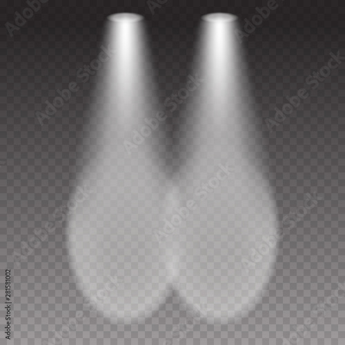 Cars headlight effect top view. White flares beams isolated on transparent background. Vector bright train lights template.