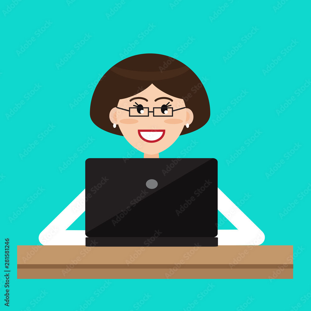 A pretty woman is sitting at a computer. Vector illustration. A pretty woman is sitting at a computer. Vector illustration.