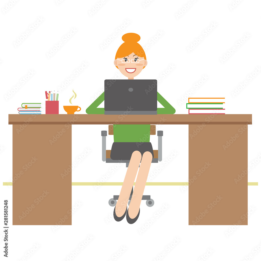 Girl works on a laptop. Vector illustration.