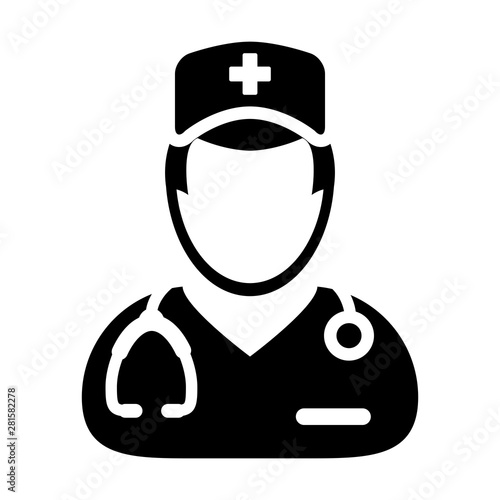 Medical consultation icon vector male person profile avatar with a stethoscope for treatment in Glyph Pictogram illustration