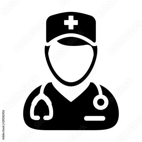 Healthcare icon vector male person profile avatar with a stethoscope for medical doctor consultation in Glyph Pictogram illustration