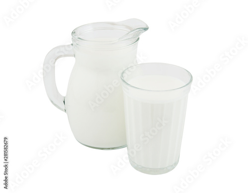 Jar of milk and glass isolated on white