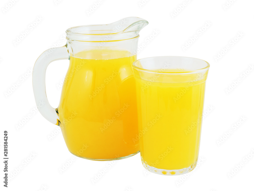 Full glass and jar of orange juice isolated on white Full glass and jar of orange juice isolated on white