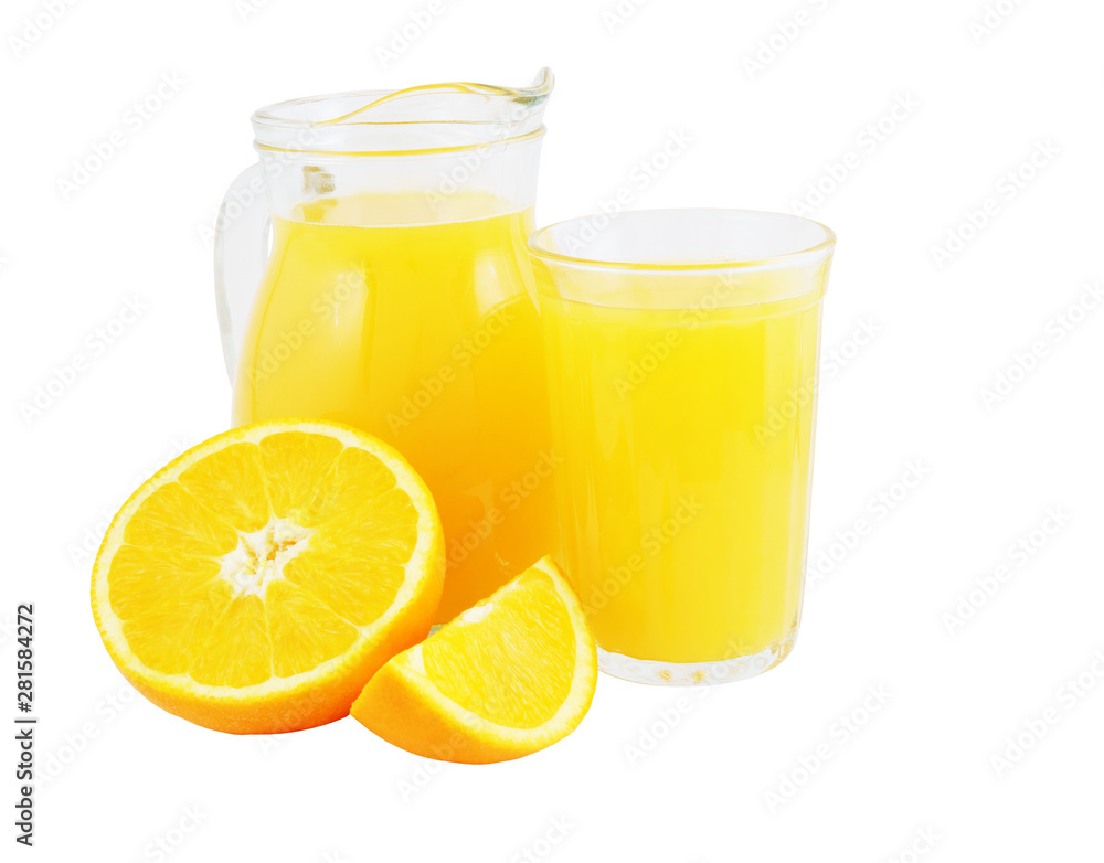 Full glass and jar of orange juice isolated on white Full glass and jar of orange juice isolated on white