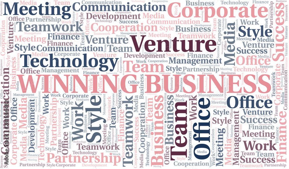 Winning Business word cloud. Collage made with text only.