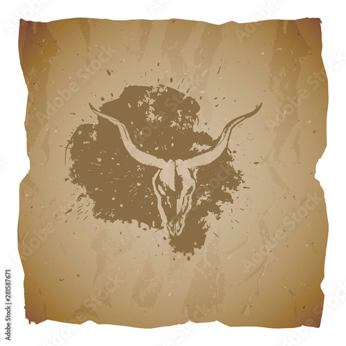Vector illustration of hand drawn skull antelope and grunge elements on old torn edges background. Texture of old paper.
