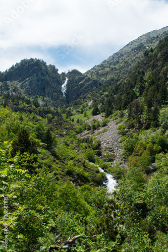 Landscape with waterfall in the mountains in summer at Parc Natural del Comapedrosa, Arinsal, Andorra