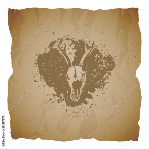Vector illustration of hand drawn skull roe deer and grunge elements on old torn edges background. Texture of old paper. Sketch in sepia color.
