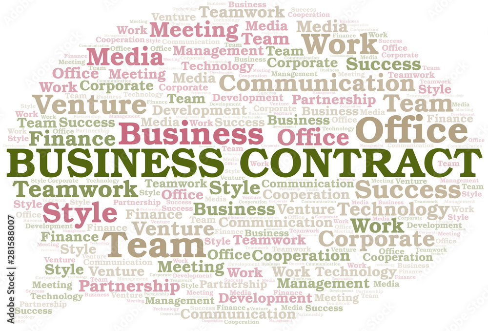 Business Contract word cloud. Collage made with text only.