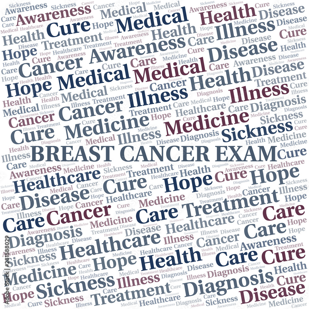 Breast Cancer Exam word cloud. Vector made with text only. Breast Cancer Exam word cloud. Vector made with text only.