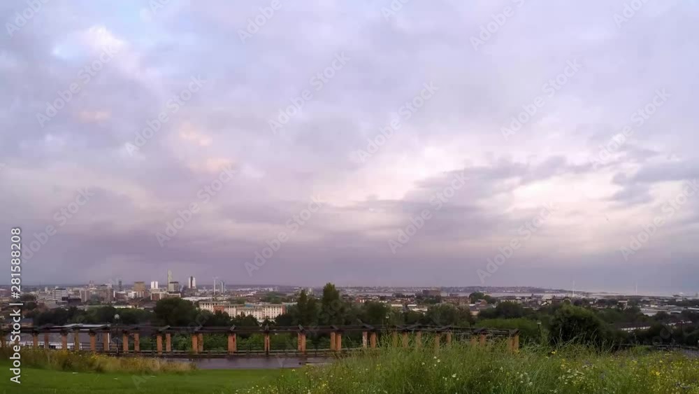 Cityscape timelapse fast moving cloud above Everton, Liverpool, British city harbour skyline from high viewpoint. Cityscape timelapse fast moving cloud above Everton, Liverpool, British city harbour skyline from high viewpoint.