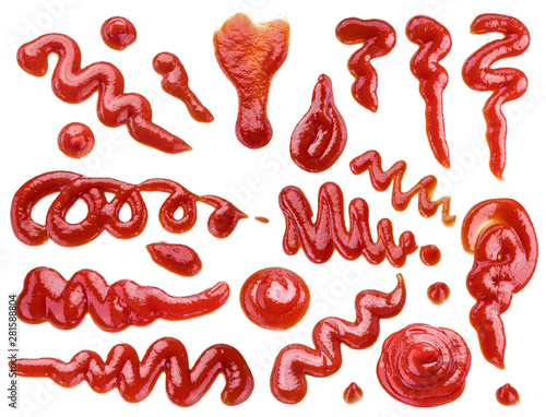 Set of ketchup puddles and ketchup splashes on white background.