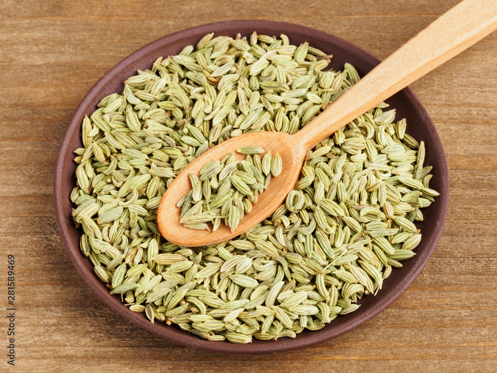 Fennel seeds (Foeniculum vulgare) in a brown clay plate with spoon on a white background Fennel seeds (Foeniculum vulgare) in a brown clay plate with spoon on a white background