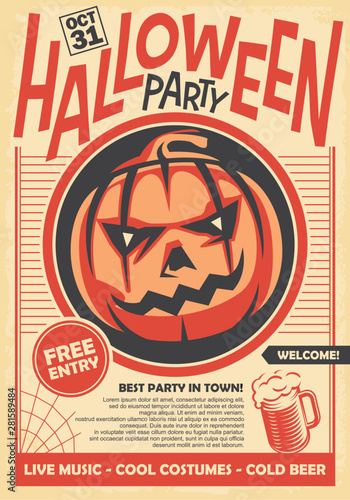 Halloween party poster and invitation card design with pumpkin head on old paper background. Vintage vector illustration. Holiday event.