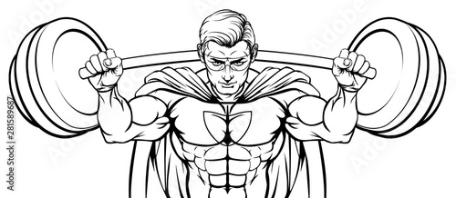 Superhero cartoon sports mascot weightlifter super hero character lifting very large barbell weight