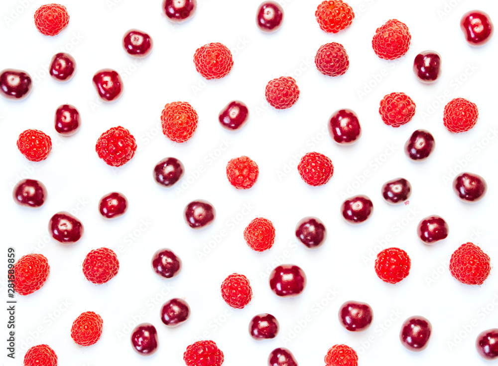 raspberries and cherries on a white background. berry pattern raspberries and cherries on a white background. berry pattern