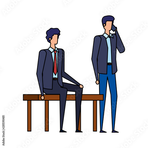 elegant businessmen calling with cellphones in the park chair