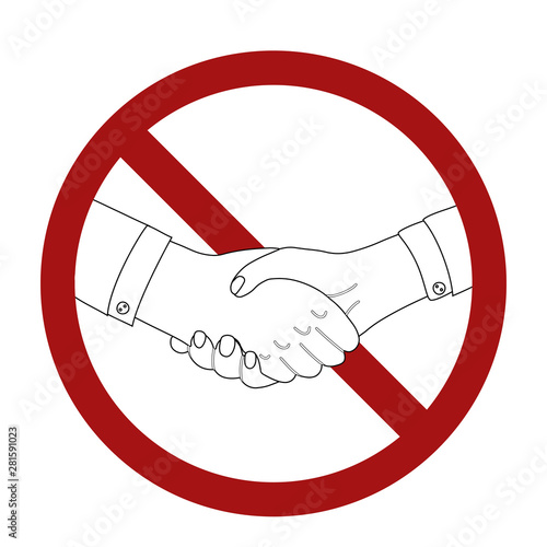 Outline man shaking hands in prohibition sign. Line art businessman in rivalry. War and confrontation. Ban on making a deal. Vector black and white illustration for articles, postcard and your design.