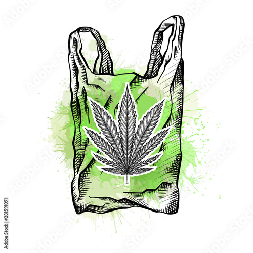 Nature bag with hatching, marijuana leaf and green watercolor splashes. Eco friendly bag zero waste. Recycled waste. Ecological problem. Vector drawing for your creativity.
