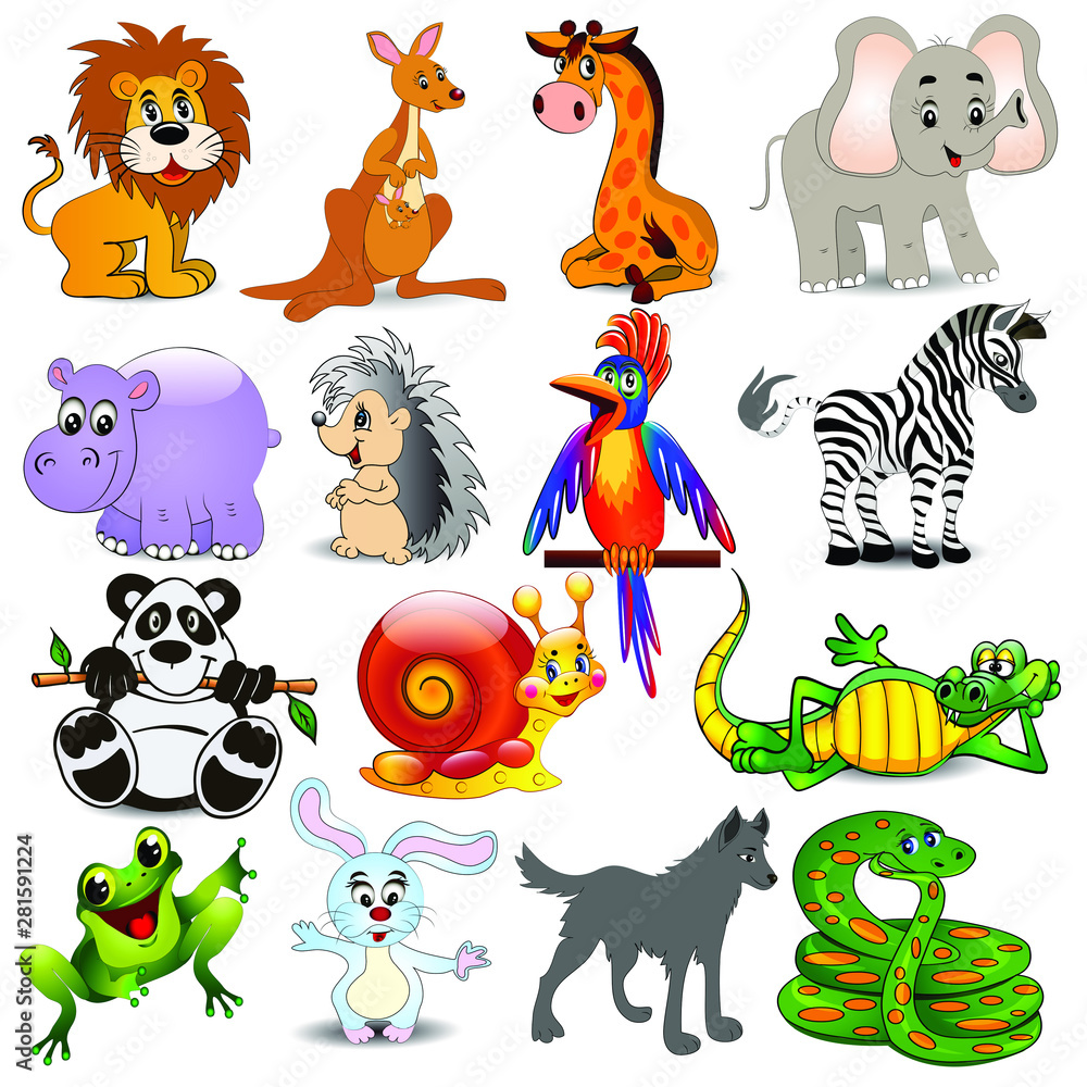 Illustration set of cartoon animals with crocodile, snail, snake, lion,  hippo, zebra, panda, hedgehog, giraffe, elephant, wolf, hare, frog and  kangaroo Stock Vector | Adobe Stock