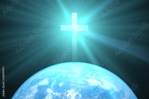 3d illustration: The Christian cross over the planet earth sheds a blessed blue light on the people of the world. Christianity. Religious concept.