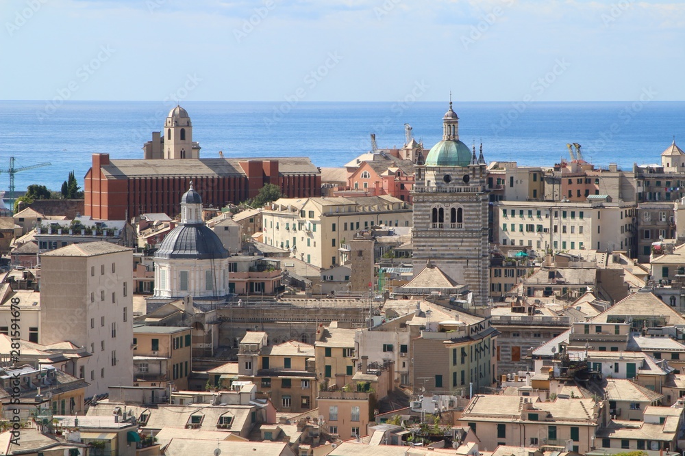 View at the roofs of the center of Genoa with the Cathedral of Saint Lawrence, Italy