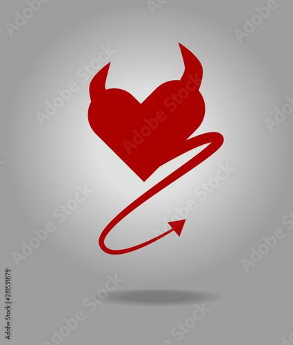 Red vector devil heart with horn and tail. Icon for webdesign, logo or postcard.