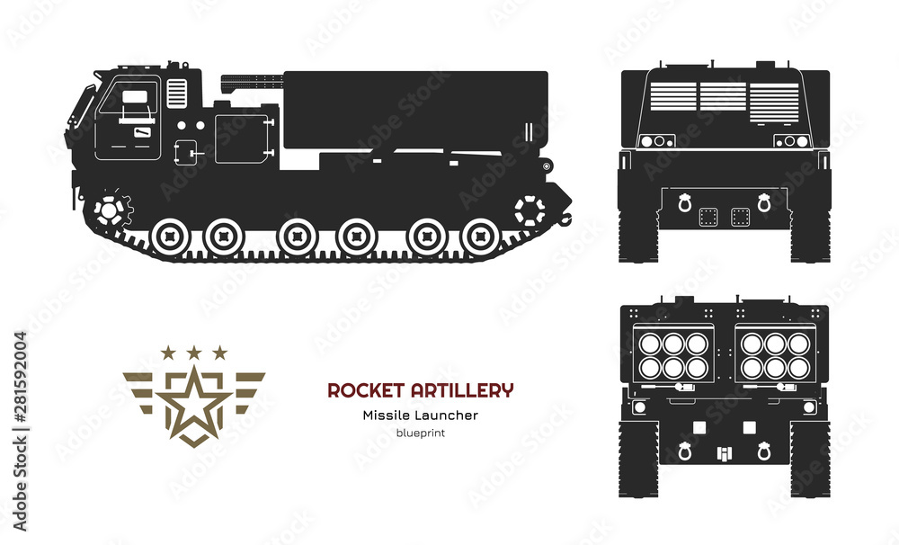 Black silhouette of missile vehicle. Rocket artillery. Side, front and back view. Drawing of military tractor with jet weapon. Camouflage tank Black silhouette of missile vehicle. Rocket artillery. Side, front and back view. Drawing of military tractor with jet weapon. Camouflage tank