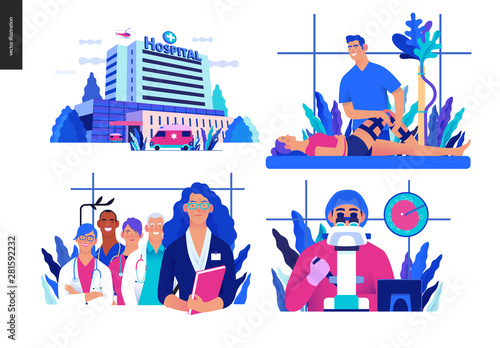 Set of medical insurance illustrations - hospital, orthopedic traumathology, hospital administrator, in vitro fertilization - modern flat vector concept digital illustrations, insurance plan metaphor