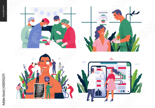 Set of medical insurance - surgery and surgical procedures, immunization, vaccination schedule, annual health checkups, medical reports application - modern flat vector concept digital illustrations