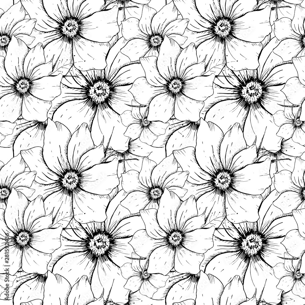 Flower backdrop. Hand drawn seamless pattern with sketch style flowers. Monochrome background. Flower backdrop. Hand drawn seamless pattern with sketch style flowers. Monochrome background.