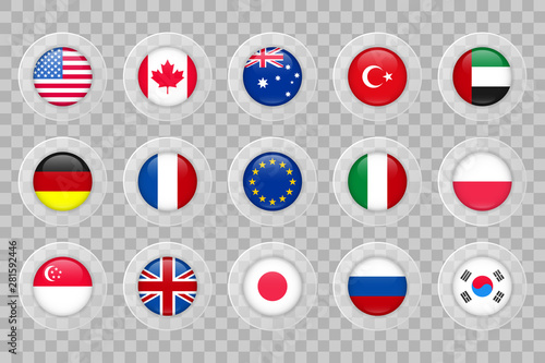 USA, Canada, Australia, Turkey, UAE, Germany, France, EU, Italy, Poland, Singapore, UK, Japan, Russia, Korea flag on transparent background. Isolated vector icon set for web, design, decoration