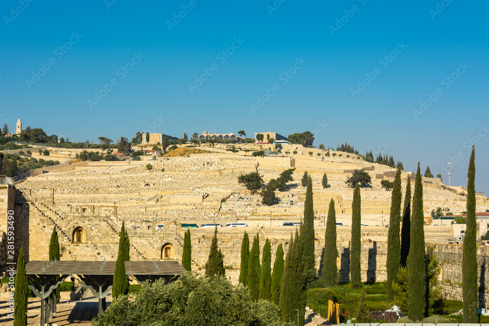 Jerusalem holy places Panoramic view of the Temple Mount, Dome of the Rock and Al Aqsa Mosque from the Mount of Olives