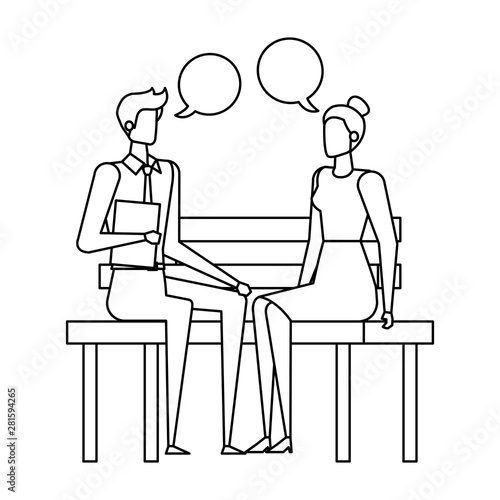 business couple seated in the park chair with speech bubbles