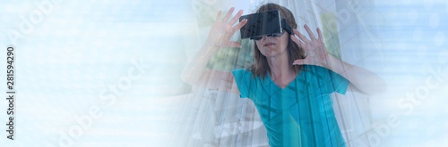 Woman using a virtual reality headset, double exposure; panoramic banner