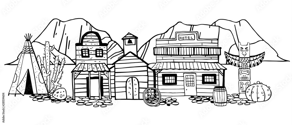 America Wild West town with tipi, totem pole and mountains on background. Hand drawn outline sketch doodle vector illustration 