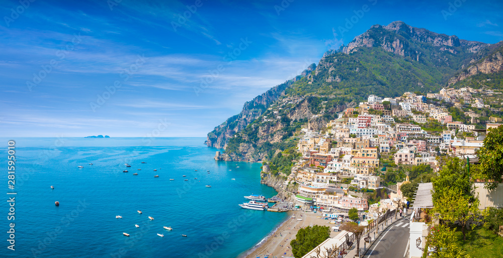 Panoramic view of beautiful Positano on Amalfi Coast in Campania, Italy