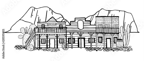 America Wild West town street view with mountains on background. Hand drawn outline sketch doodle vector illustration 