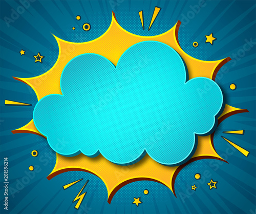 Comics background. Cartoon poster in pop art style with yellow - blue speech bubbles with halftone and sound effects. Funny colorful banner with place for text on blue backdrop with radial stripes