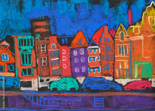Bright artwork in pastel style a view of street Amsterdam with modern Buildings. Rude drawing style for modern minimal design. Vivid colorful illustration on natural black paper texture — Primitivism