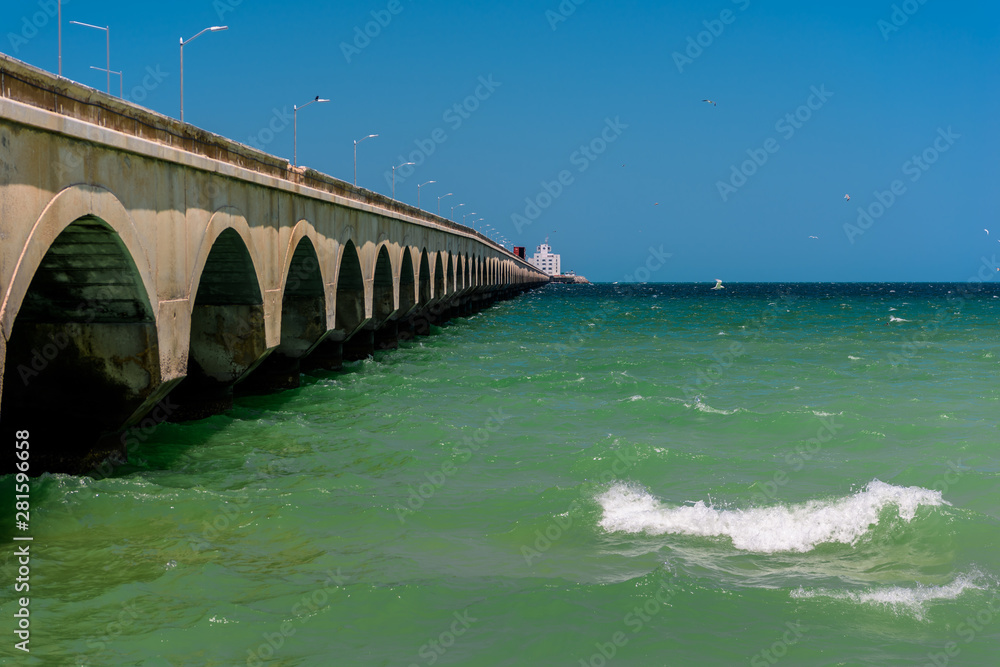 View of one of the longest piers in the world in the city of Progresso, Mexico.