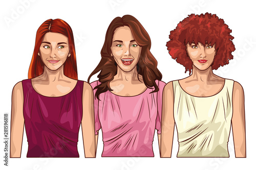 Pop art beautiful women smiling cartoon