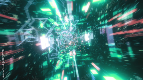 Flying in the chaotic technological futuristic space tunnel. Animation for music videos, nightclubs, audiovisual shows and performance, LED screens and projection cards. 3d illustration