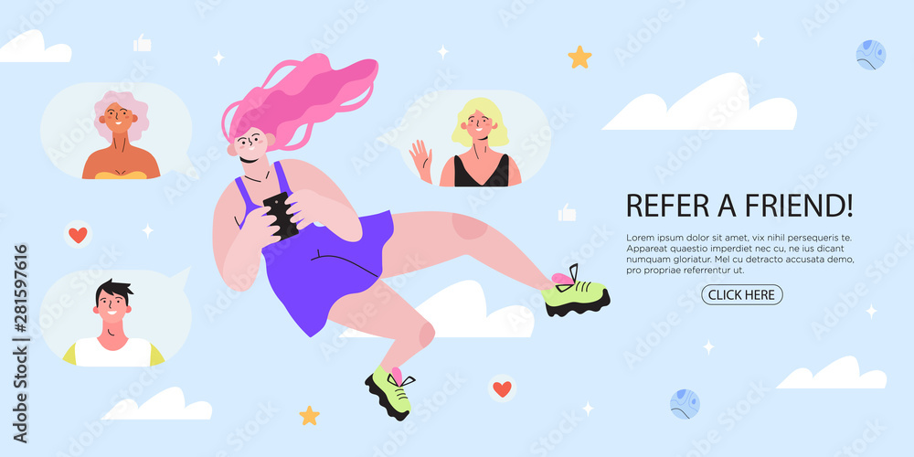 Refer a friend concept with a girl holding a phone with a list of her friends profile pages. Refferal marketing strategy banner, landing page template, ui, web, mobile app, poster, banner, flyer. Refer a friend concept with a girl holding a phone with a list of her friends profile pages. Refferal marketing strategy banner, landing page template, ui, web, mobile app, poster, banner, flyer.