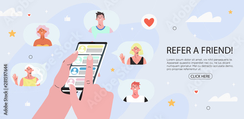Refer a friend concept with cartoon hands holding a phone with a list of friends contacts. Refferal marketing strategy  banner, landing page template, ui, web, mobile app, poster, banner, flyer.