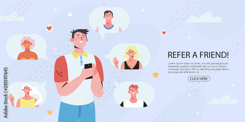 Refer a friend concept with a man holding a phone with a list of his friends profile pages. Refferal marketing strategy  banner, landing page template, ui, web, mobile app, poster, banner, flyer.