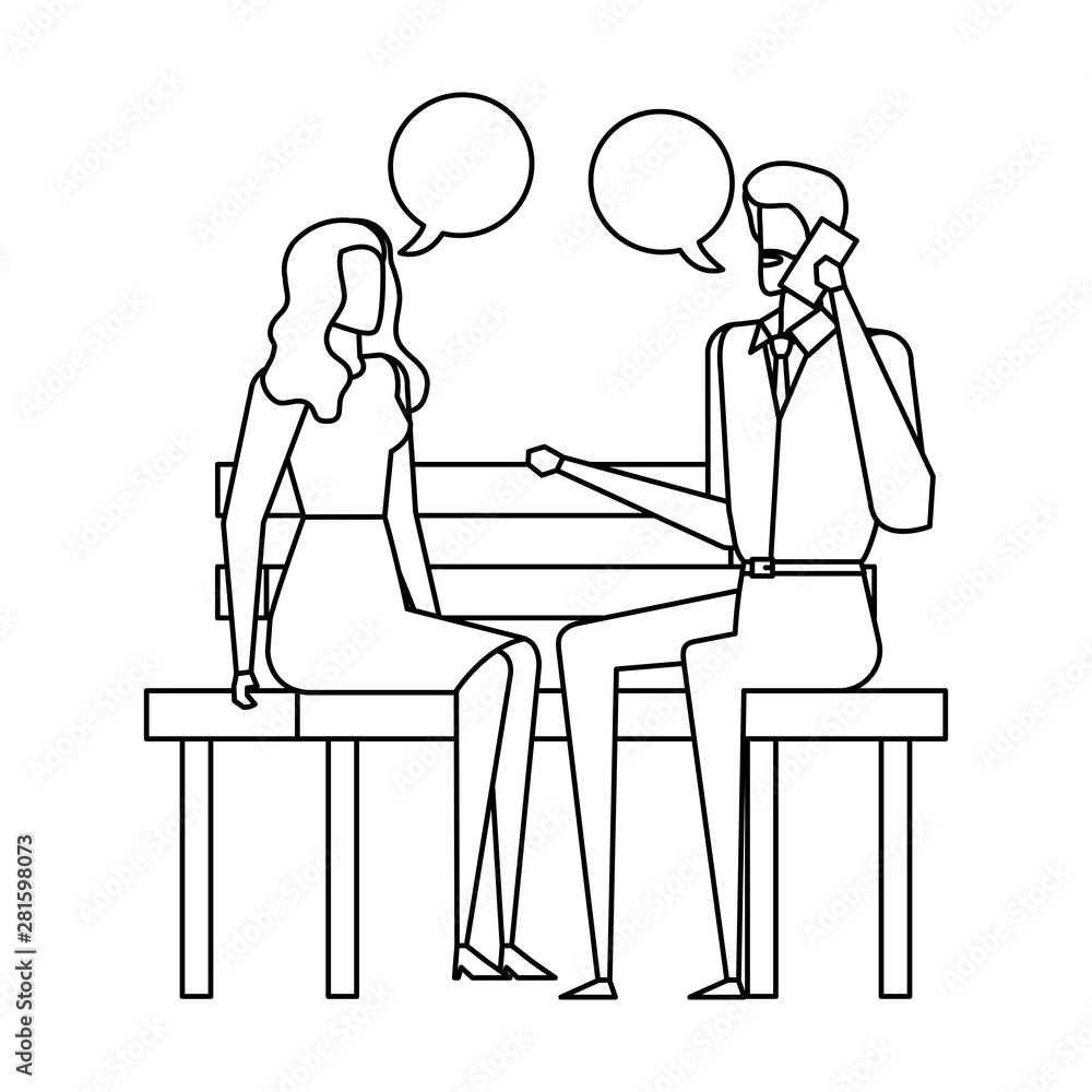 business couple calling in the park chair and speech bubbles