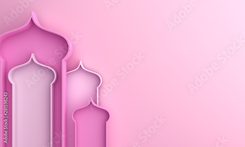 Arabic window on pink pastel background copy space text. Design creative concept of islamic celebration day ramadan kareem or eid al fitr adha  hajj  hijri  mawlid  love  valentine. 3D illustration.