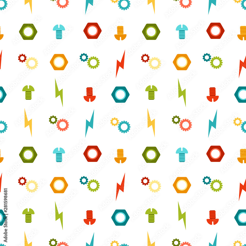 Fototapeta premium Seamless vector pattern of parts, nuts, cogs, gears, zippers, gears, colored on a white background, a chessboard arrangement for boys